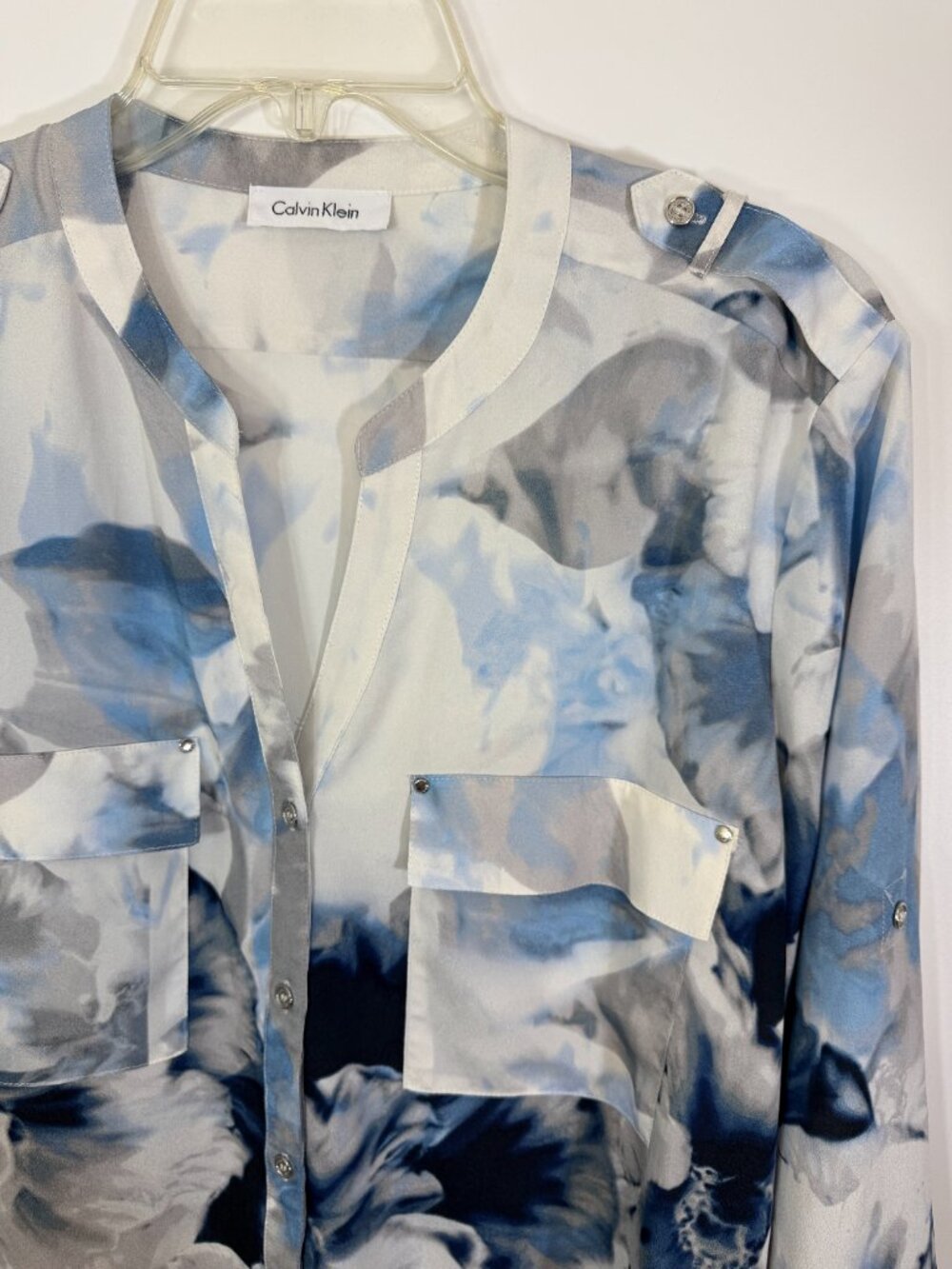 Calvin Klein Plus Size Blue Watercolor Floral Button Up Blouse Utility Pocket